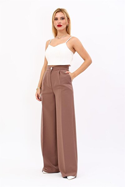 ÖNDER ÖZSOY High Waist Pocketed Palazzo Women's Trousers-Brown