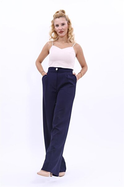 ÖNDER ÖZSOY High Waist Pocketed Palazzo Women's Trousers-Navy Blue