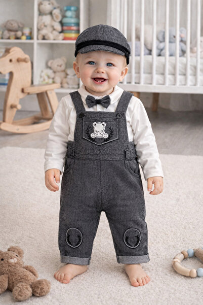 BEBEXO KIDS Erkek Bebek Salopet Takımı Gri 4 lü Takım Papyon,Şapka,Body,Salop...