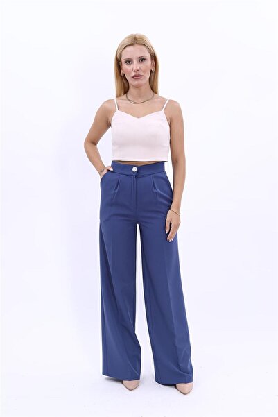 ÖNDER ÖZSOY High Waist Pocketed Palazzo Women's Trousers-Indigo