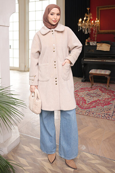 İmajButik Angora Coat with Stone Pockets and Buttons