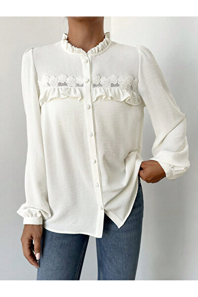 BORCKA TEKSTİL Oversized Women's Shirt with White Embroidered Appliques and R...