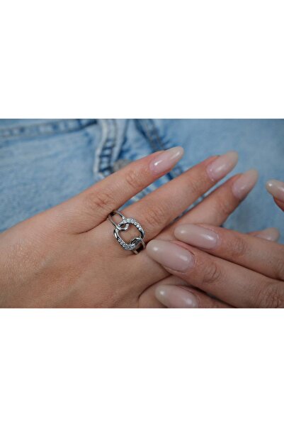 ATELİER TUĞBA خاتم فضي قابل للتمدد بحلقة سلسلة بيضاوية YZK178