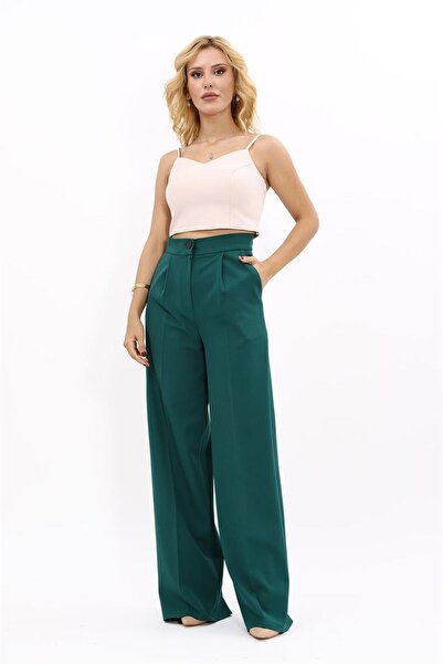 ÖNDER ÖZSOY High Waist Pocketed Palazzo Women's Trousers-Emerald