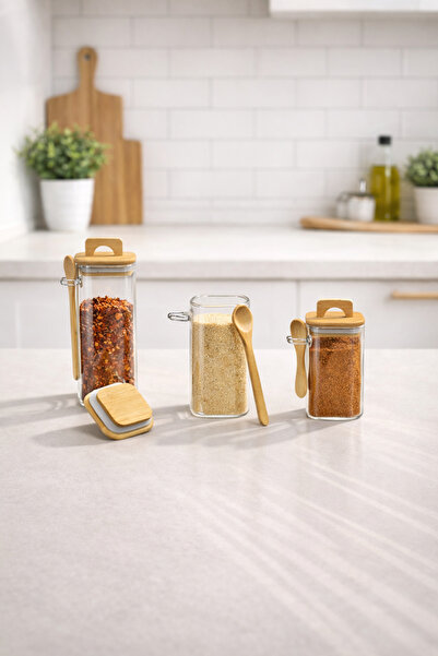 Kitchen Way Bamboo Spoon Seal Lid Jar Set Seasoning Container Kw-790-2 Series