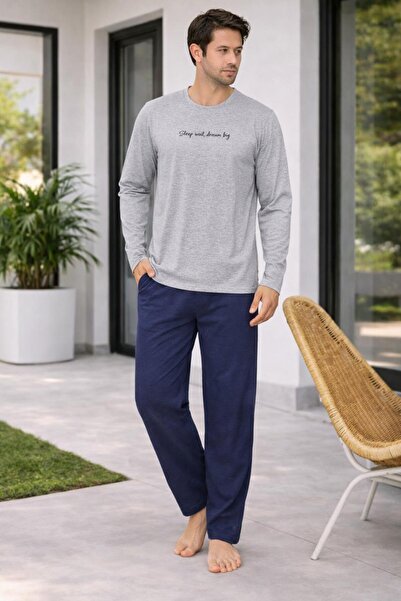 RAPAPA Чоловічий сірий верхній синій нижній бавовняний піжамний комплект – зр...