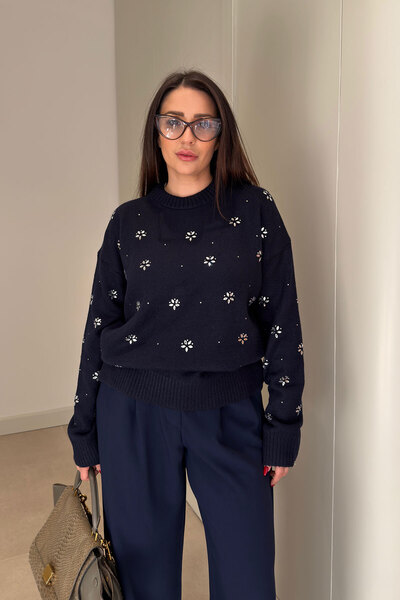 MAGARDE Kristal Taş Detaylı Triko- LACİVERT