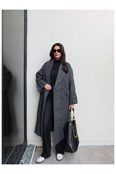 ESRAHELVACI Herringbone Pattern Pocketed Long Coat
