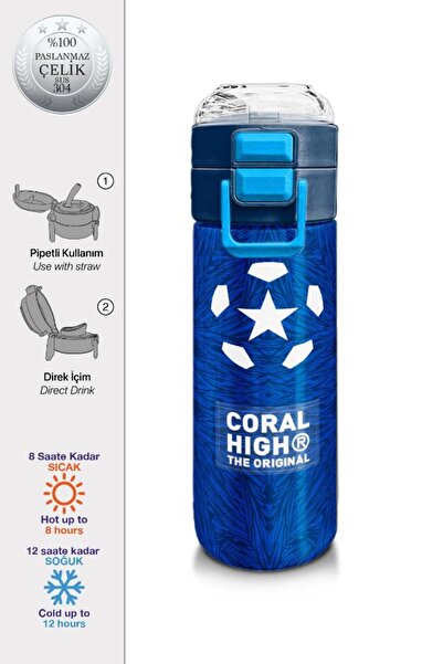 Coral High Kids Lacivert Saks Futbol Desenli Pipetli ve Direkt İçim Çelik Ter...