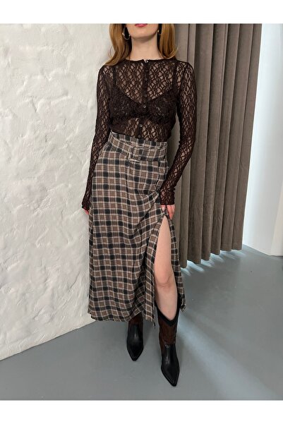 Joi Women's Diamond Patterned Belted, Plaid Patterned Transitional Skirt