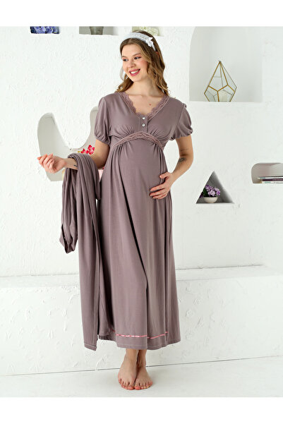 JENİKA Toupe Buttoned Lace Detailed 3-Piece Maternity Pajama Set |   With a D...