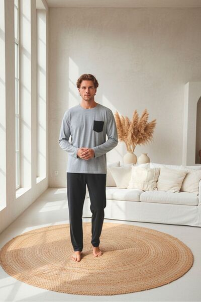LİLA İÇ GİYİM Men's Pocketed Single Jersey Cotton Long Sleeve Pajama Set