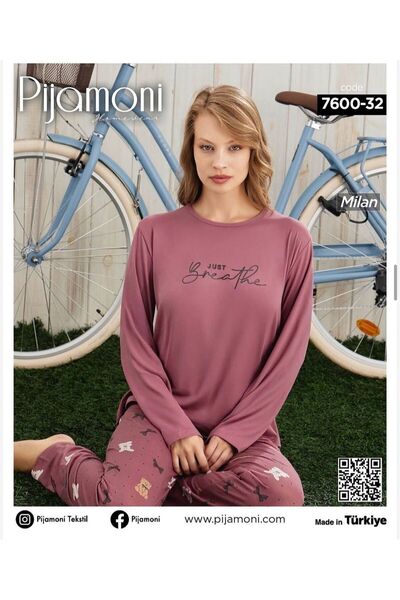 Pijamoni Kadın Milan Kumaş Uzun Kollu Bisiklet Yaka Pijama Takımı