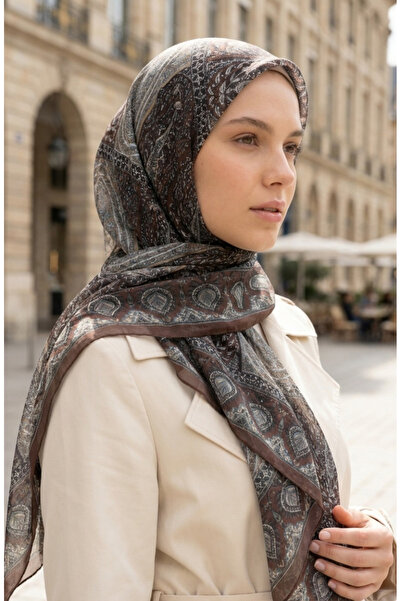 sefamerve Karaca Patterned Cotton Scarf 81091-08 Light Brown Green