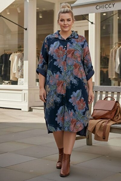 Chiccy Italian Large Size Navy Blue Shirt Collar Long Sleeve Allover B Printe...