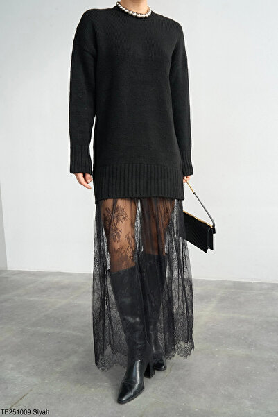 Myra Tulle Paneled Knitwear Dress-Black