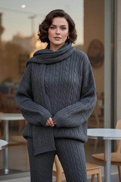 Mossta Soft Touch Knitted Knitwear Trousers Scarf 3-Piece Set