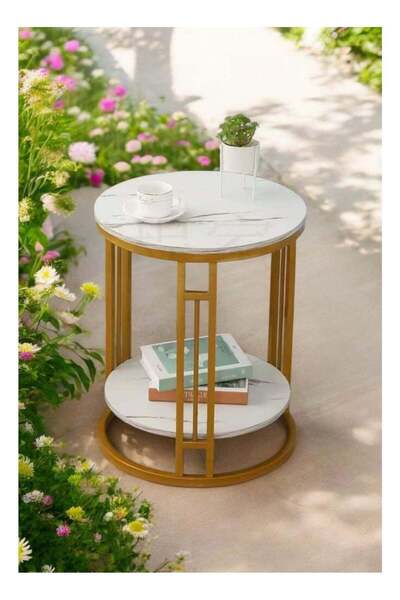 Türkiye Modern Luxury Side Table with White Marble Surface and Gold Steel Frame