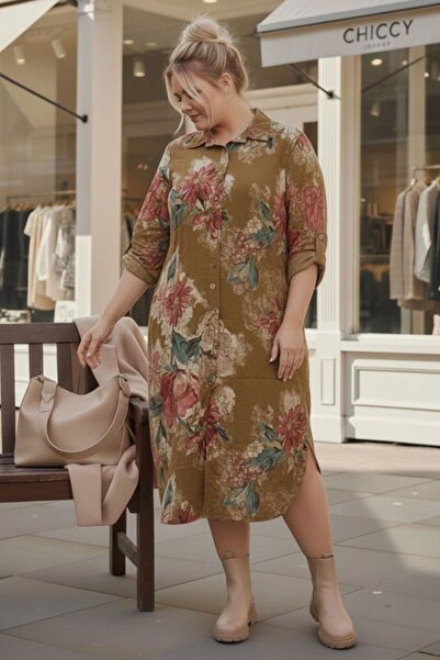 Chiccy Italian Plus Size Mustard Shirt Collar Long Sleeve Allover B Printed V...