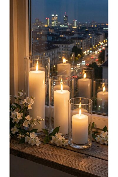 Paşa Cam Giant Candle Holder 3-Piece Cylinder Glass Vase & Vanilla Flavored C...