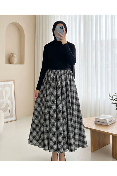 Modamorfo Plaid Patterned 360 Degree Skirt with Elastic Waist - Indigo