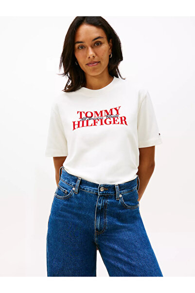 Tommy Hilfiger Women's Pure Cotton Thick Fabric Velvet Logo Printed Short Sle...