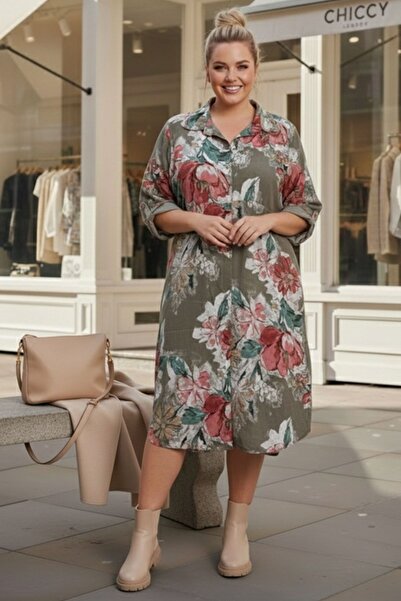 Chiccy Italian Large Size Beige Shirt Collar Long Sleeve Allover B Printed Ve...