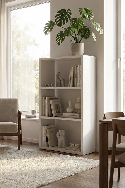 BAGAX WHITE 3 Raflı Çok Amaçlı Kitaplık - Dekoratif Düzenleyici Ofis, Ev, Sal...