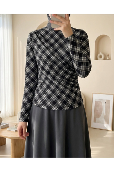 Modamorfo Plaid Patterned Blouse with Gathered Sides -Black