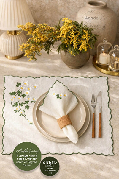 Anadolu Saray Papatya Nakışlı Keten Amerikan Servis ve Peçete Takımı 6 Kişili...