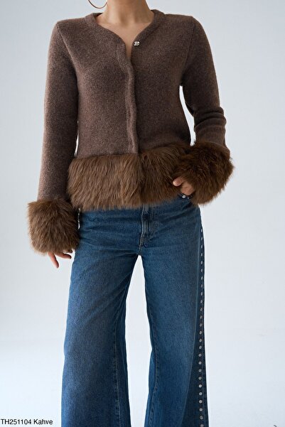 FEMMESTUDIO Women's Brown Fur Sleeve Cardigan