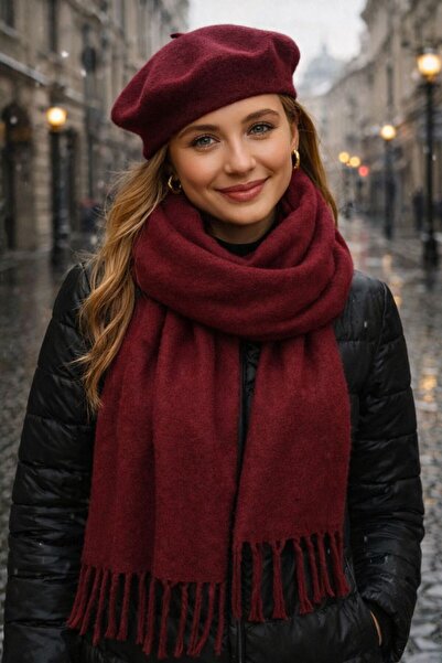 MARBERRY Burgundy Soft Textured Scarf Shawl and Felt Painter Beret Set of 2