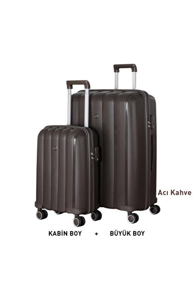 MÇS Bavul Büyük ve Kabin 2li Set Silikon Valiz V305 AcıKahve