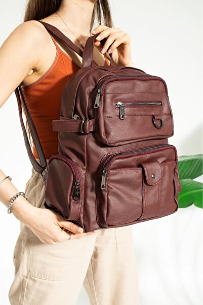 Honorius Kadın Büyük Boy Çok Gözlü Kaliteli Yıkanmış Deri Sırt Çantası Bordo