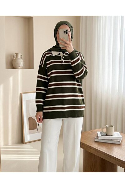 HİJABAYA Πλεκτό πουλόβερ με γιακά πόλο, μισό κουμπί, χρωματιστές ρίγες