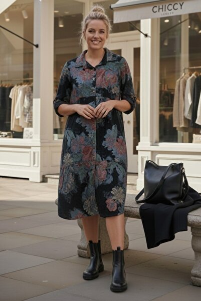 Chiccy Italian Black Shirt Collar Long Sleeve Floral Allover B Printed Velvet...