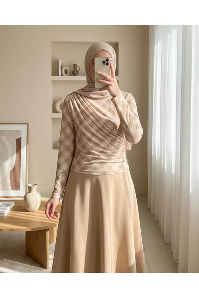 Modamorfo Plaid Patterned Blouse with Gathered Sides -Beige