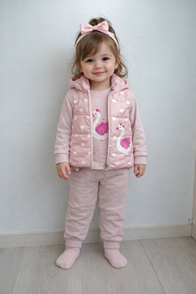 ÖZNUR Kız Bebek Kuğu Desenli Yelekli 3’lü Takım Aylık (Pudra)