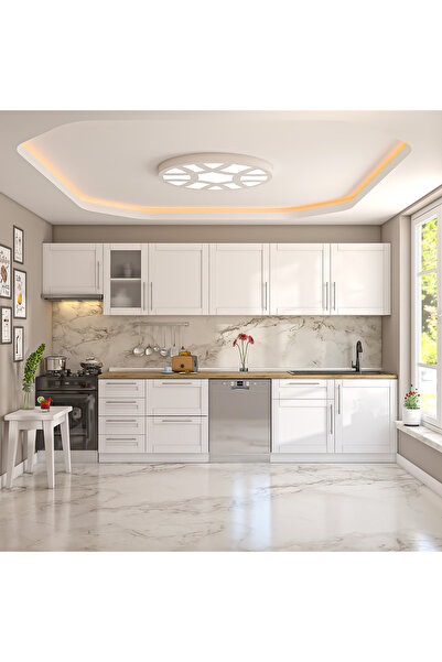 DEKOREX Pia Beyaz 345 Cm Aspiratör ve Çekmece Modüllü Meşe Tezgahlı Hazır Mut...