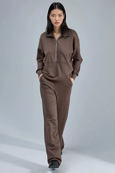 Hiccup Textured Zippered Collar Wide Leg Two-Piece Suit Berşan Collection