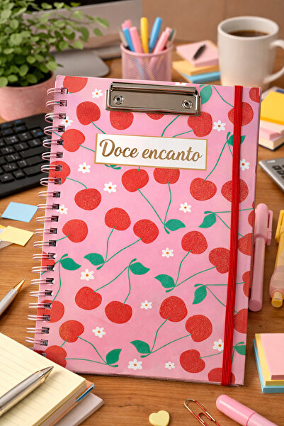 matheon Klipsli Spiralli Defter Dosya Tutuculu Kiraz Desenli Ofis ve Not Defteri