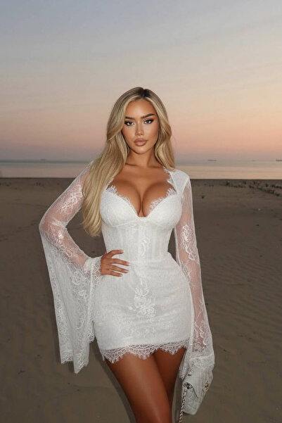 Love Fab Gögsü Gloplu Spanish Sleeve Lace Design Mini Dress