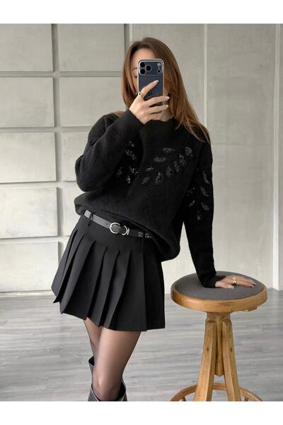 Coral Pullu İşlemeli Kazak 7720 Siyah