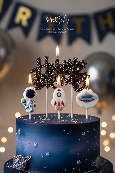 PEKSHOP Uzay Tema Happy Birthday Mum Seti 4lü Pasta Mumu