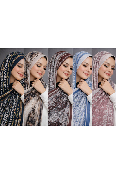 Hala High-quality digitally printed chiffon headscarf set of 5, size 180 x 75