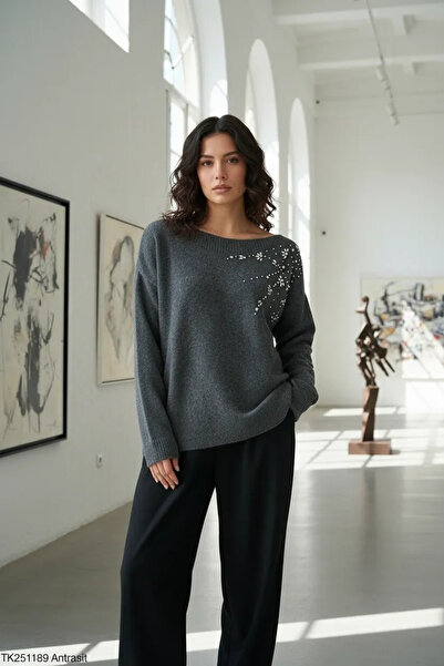 Myra Gray Sweater with Stones on the Shoulder