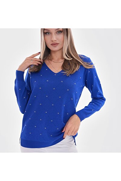 D LAVELLA V yaka sim detaylı uzun kollu triko bluz