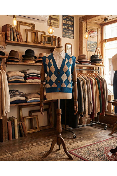 Namaste Vintage Petrol Blue Argyle Knit Sweater