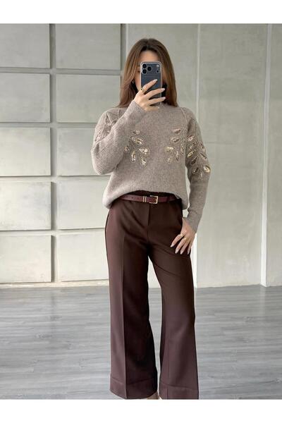 Coral Pullu İşlemeli Kazak 7720 Vizon