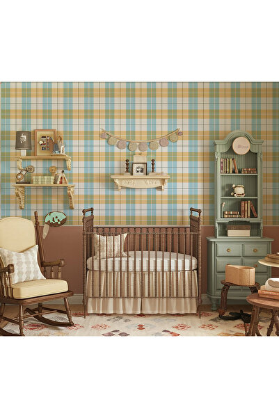 Tasarım Sarı Mavi Ekose Çizgiler Retro Bohem Görünüm Bebek & Çocuk Odası Duva...